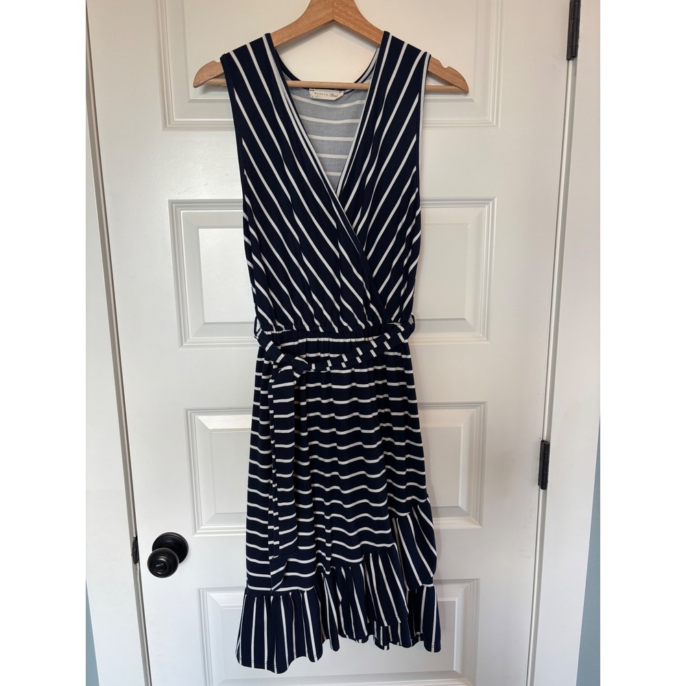 Modern Soul Maternity Nursing Faux Wrap Dress Womens M Blue Striped